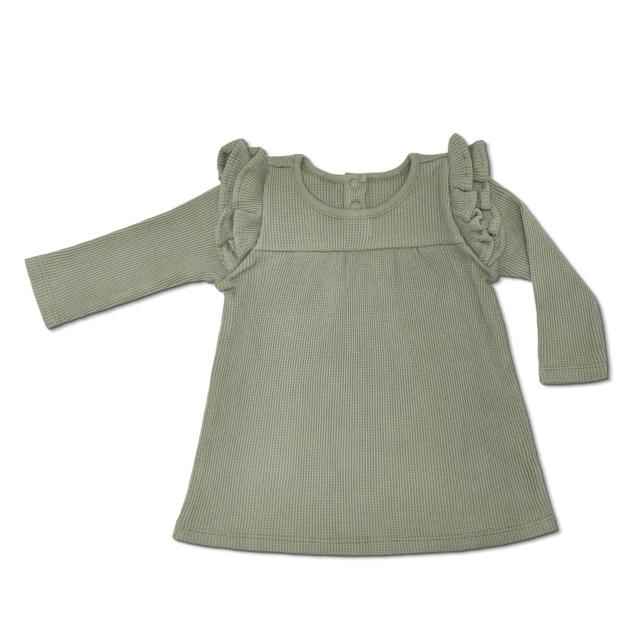 Organic Toddler Apparel Apple Park & Organic Farm Buddies All Toddler Girl | Waffle Long Sleeve Dress - Olive Green